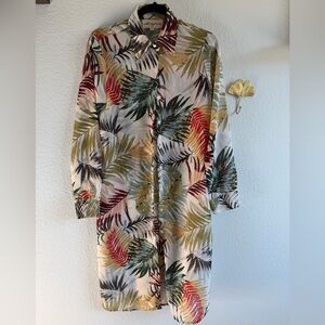 Tropical Leaf Print Button-Up Blouse